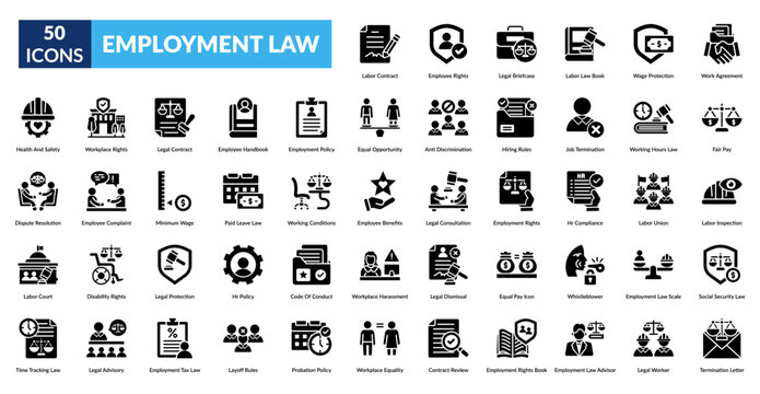 Employment Law Glyph Icon Set. Labor Contract, Employee Rights, Legal Briefcase, Labor Law Book, Wage Protection, Work Agreement, Fair Wage