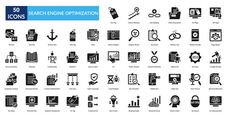 Search Engine Optimization Glyph Icon Set. Seo Tag, Search Ranking, Link Building, Meta Description, On Page, Off Page, Page Speed