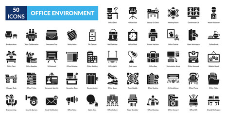 Office Environment Glyph Icon Set. Office Desk, Office Chair, Laptop Desk, Meeting Room, Conference Call, Water Dispenser, Coffee Break