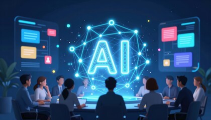 Group of Professionals Engaged in Strategic Discussion with Artificial Intelligence Visualization in Dark Room