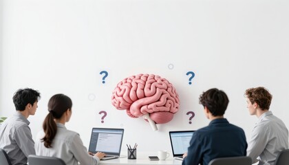 Group of Professionals Engaged in Brainstorming Session with Abstract Brain Graphic on Wall