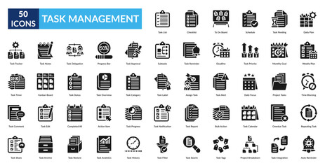 Task Management Glyph Icon Set. Task List, Checklist, To Do Board, Schedule, Pending Task, Daily Plan, Weekly Plan