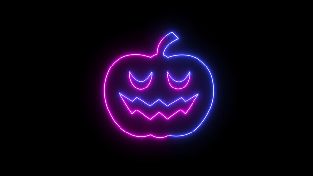 Neon glowing jack o'lantern icon with a spooky face in colorful pink and blue outline isolated on black background, perfect for halloween celebrations and spooky themes - Powered by Adobe