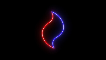 A stylized red and blue neon flame shape emitting a vibrant glow, abstract form isolated on black background, representing energy and passion