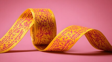 Intricate Yellow Ribbon with Red Pattern on Pink Background.