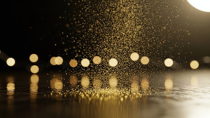 Golden dust falls onto a surface in soft light for backgrounds, textures, festive concepts, magic or fantasy designs, and advertising.