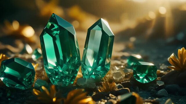 Cinematic close-up of glowing emerald green crystals and raw gemstones illuminated by majestic golden sun rays and flares.