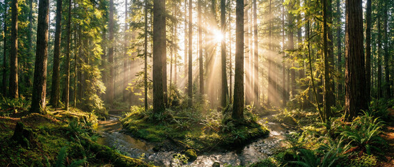Sunlight streams through trees in lush forest landscape with creek running through