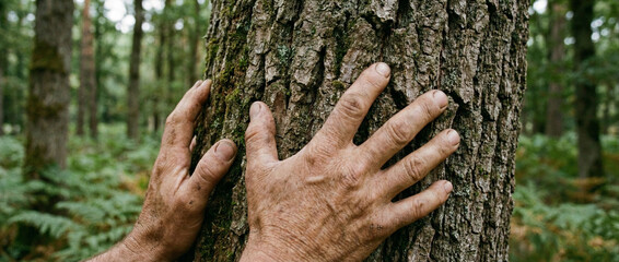 Close up hands touching tree trunk showing textured bark in forest nature shot