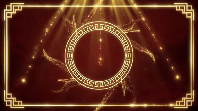 Golden light rays shining on ornate circle with Greek key pattern