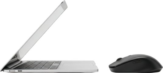 Open Laptop and Black Computer Mouse