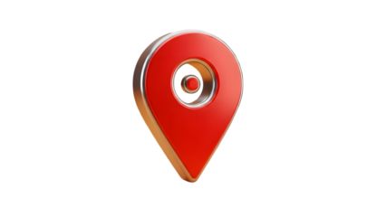 Red 3d location pin icon with silver and gold accents on white background