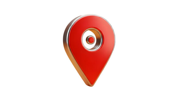 Red 3d location pin icon with silver and gold accents on white background