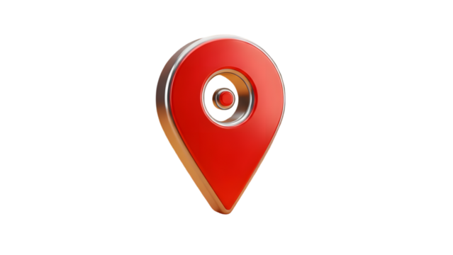 Red 3d location pin icon with silver and gold accents on white background - Powered by Adobe