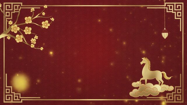 Elegant Chinese New Year background with golden horse and cherry blossoms