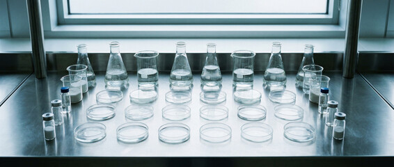 Scientific laboratory glassware flasks petri dishes and vials on stainless steel table