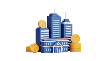 3D illustration of bank building with gold coins on transparent background