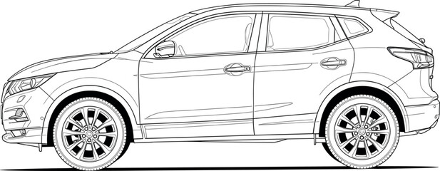 Modern compact crossover SUV car side view line art illustration, ideal for technical drawing, automotive blueprint, and personal transport concepts in black outline.