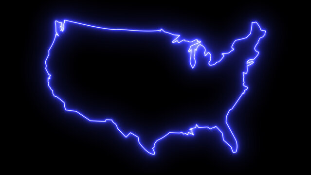 United States map outline glowing with vibrant blue neon light, representing national geography and digital technology, isolated on black background.