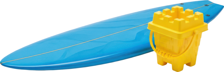 Blue Surfboard and Yellow Sand Bucket