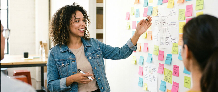 Business woman presenting ideas on sticky notes during brainstorming session team
