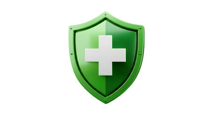 Obraz premium Green shield with white medical cross symbol on white background, protection and healthcare