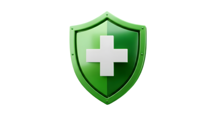 Green shield with white medical cross symbol on white background, protection and healthcare