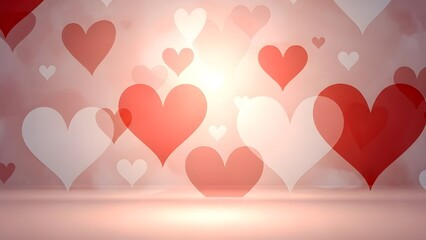 Abstract romantic background with glowing red and white hearts on a soft pink gradient backdrop for Valentine's Day celebrations