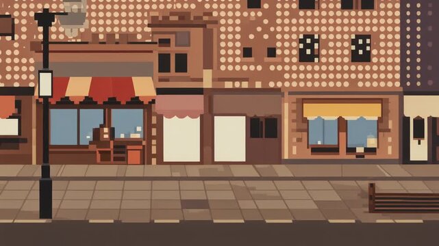 Nostalgic pixel art street view featuring a charming cafe and shops in a classic 16-bit gaming style with warm brown tones.