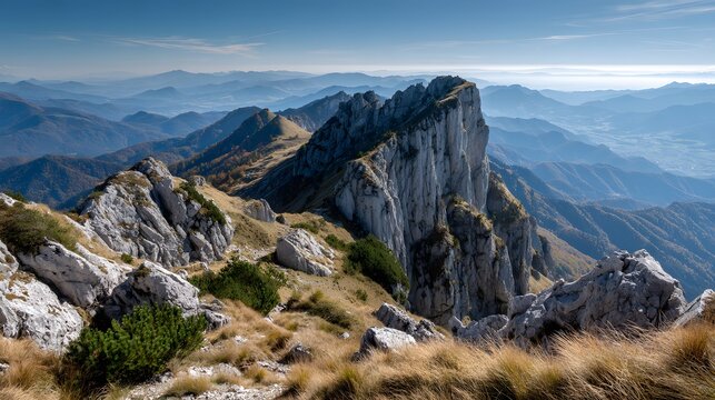 Majestic Mountain Peaks Under a Vast Blue Sky. - Powered by Adobe