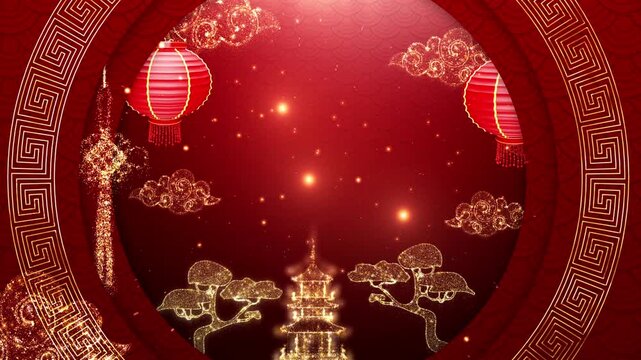 Red traditional Chinese lanterns, golden clouds, and auspicious decorations for a festive celebration loop animation background