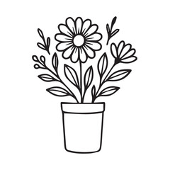 A minimalist vector depicts flowers and leafy plants growing in a pot, designed with balanced proportions and gentle details to convey freshness, growth, and a peaceful natural atmosphere.