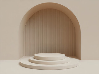 Obraz premium Minimalist Podium Stage with Circular Platform and Arch on Beige Background in Modern 3D Rendering for Artistic Presentations and Exhibitions