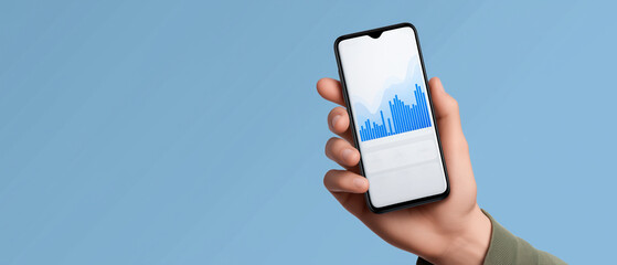 Hand Holding Smartphone with Financial Graph on Blue Background