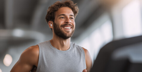 Smiling Young Man Running on Treadmill in Modern Gym Environment