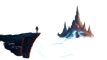 A lone figure stands on a crumbling cliff edge overlooking a mystical mountain range