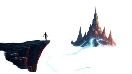 A lone figure stands on a crumbling cliff edge overlooking a mystical mountain range