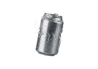 ice-cold aluminum can suspended mid-air, encircled by a complex, hyper-realistic water splash crown on a reflective white studio background with strobe lighting. concept for beverage advertising