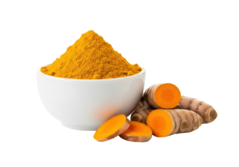 Small transparent ceramic bowl with intense golden-yellow turmeric powder and raw sliced rhizomes on a seamless high-key white studio background. concept of natural purity and potent spice