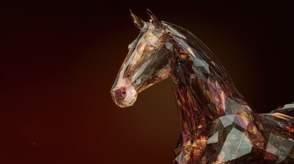 Innovation and Growth in Artificial Intelligence, a Futuristic Polygonal Crystal Horse Head in Metallic Gold on Dark Gradient Background