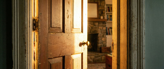 Rustic door open slightly showing cozy room interior with fireplace and books