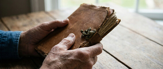 Senior man hands holding leather bound journal on wooden table near window