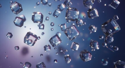 A stunning visual of numerous ice cubes suspended in mid-air against a vibrant blue and purple gradient background