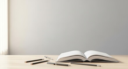 An open book with blank pages on a wooden table with pencils and pens scattered around.