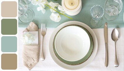 Beautiful table setting for wedding celebration, top view. Different color patterns