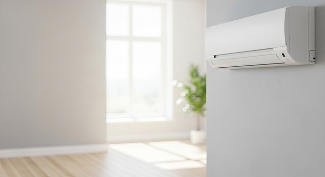 A white wall with a white air conditioner mounted on it.