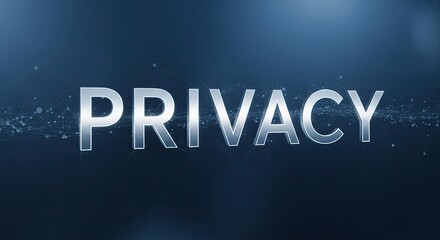 A blue and white abstract digital art piece with a geometric pattern and a central word 'PRIVACY' in metallic silver letters.