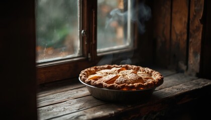 Candid photo of a steaming hot apple pie cooling on a rustic wooden windowsill