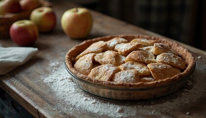 Candid kitchen scene with a homemade apple pie resting on a flour dusted table