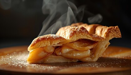 Candid moment of steam rising from a freshly cut slice of spicy apple pie